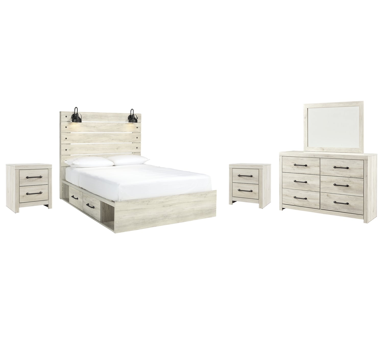 Cambeck Twin Panel Bed with 4 Storage Drawers with Mirrored Dresser and 2 Nightstands