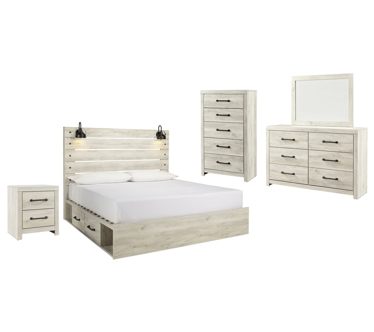 Cambeck Queen Panel Bed with 4 Storage Drawers with Mirrored Dresser, Chest and Nightstand