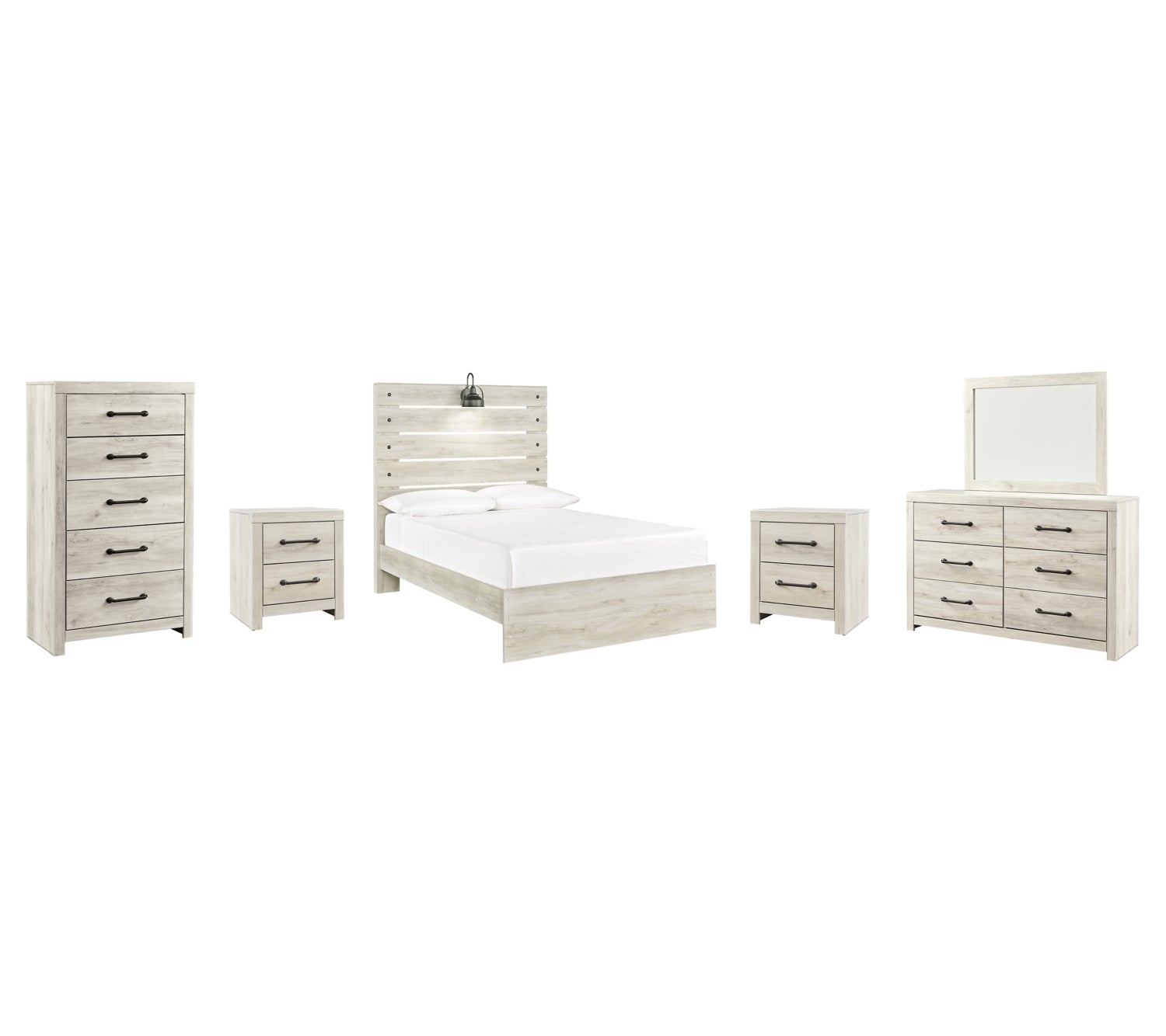 Cambeck King Panel Bed with Mirrored Dresser, Chest and 2 Nightstands