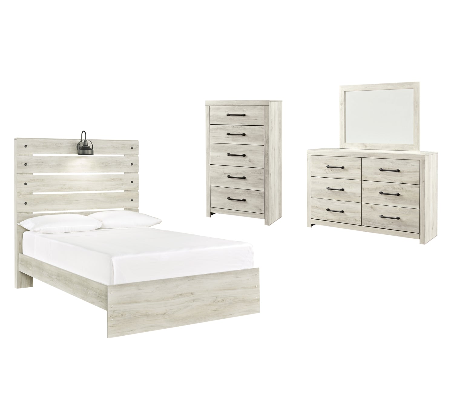 Cambeck King Panel Bed with Mirrored Dresser and Chest