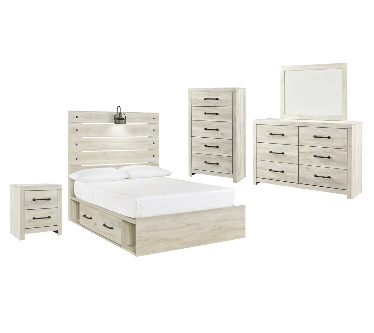 Cambeck Queen Panel Bed with 4 Storage Drawers with Mirrored Dresser, Chest and Nightstand