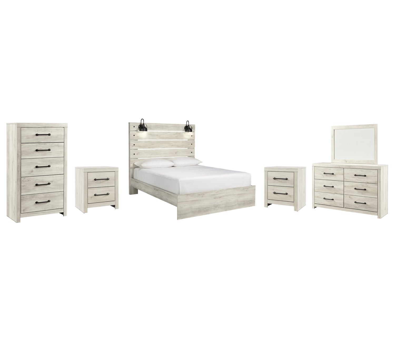 Cambeck King Panel Bed with Mirrored Dresser, Chest and 2 Nightstands