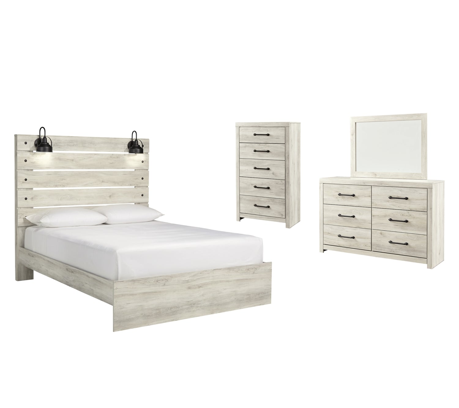 Cambeck King Panel Bed with Mirrored Dresser and Chest
