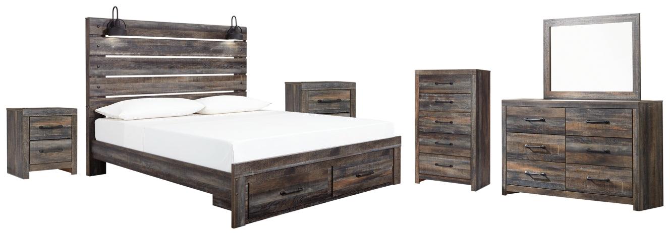 Drystan Queen Panel Bed with 2 Storage Drawers with Mirrored Dresser, Chest and 2 Nightstands - PKG003257