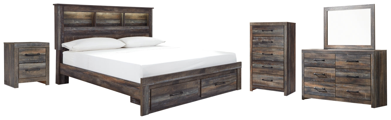 Drystan Queen Bookcase Bed with 2 Storage Drawers with Mirrored Dresser, Chest and Nightstand - PKG003244