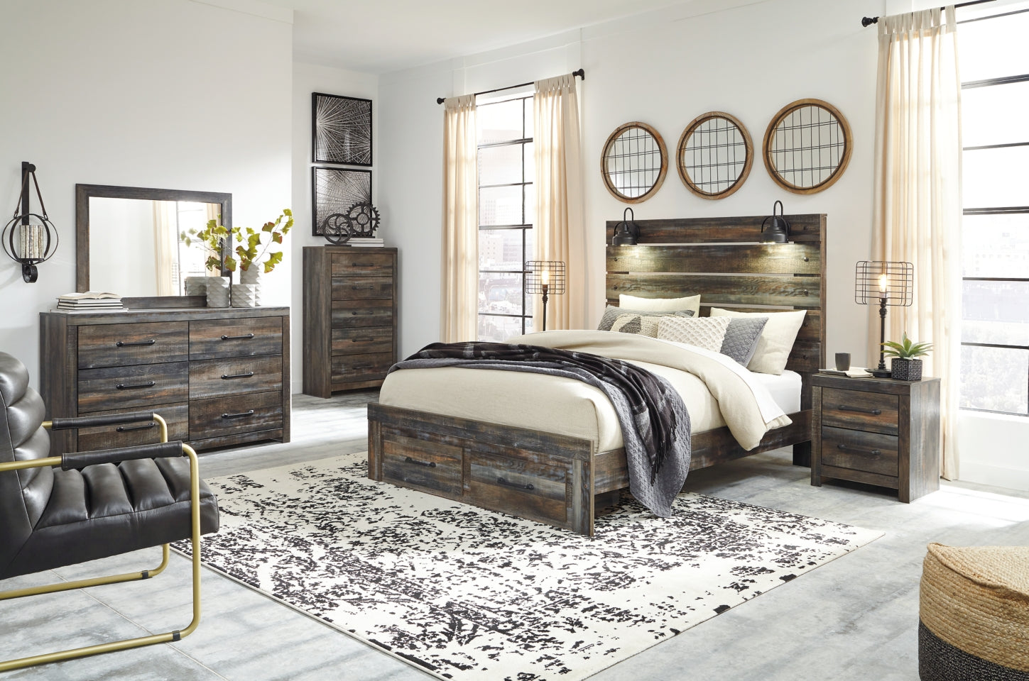 Drystan Queen Panel Bed with 2 Storage Drawers with Mirrored Dresser and Chest - PKG003255