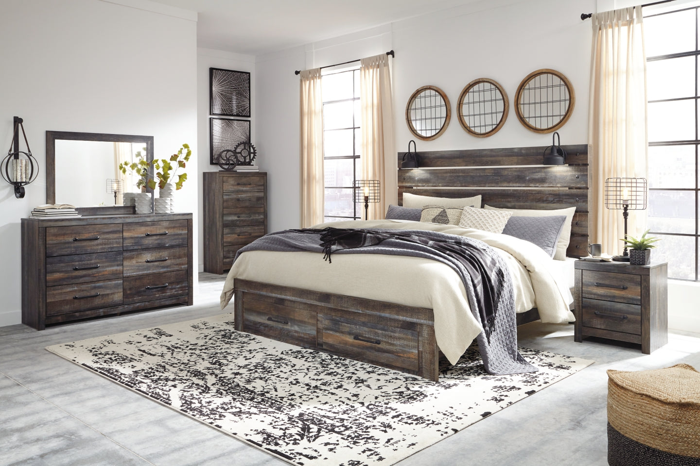 Drystan Queen Panel Bed with 2 Storage Drawers with Mirrored Dresser, Chest and Nightstand - PKG003256