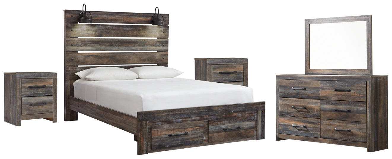 Drystan Queen Panel Bed with 2 Storage Drawers with Mirrored Dresser and 2 Nightstands - PKG003254
