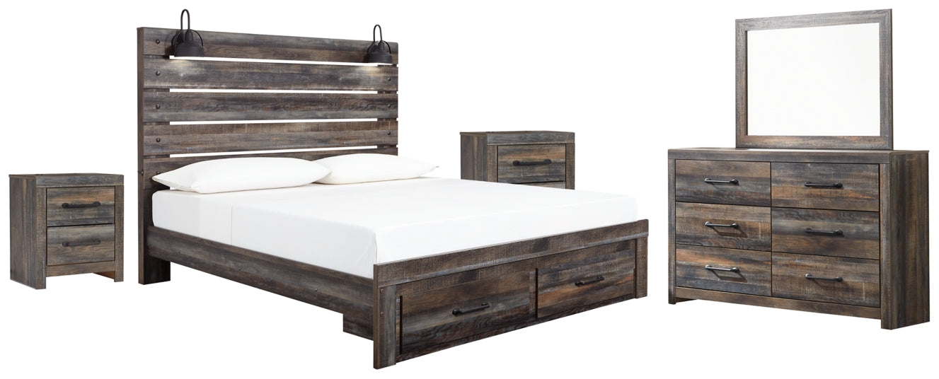 Drystan Queen Panel Bed with 2 Storage Drawers with Mirrored Dresser and 2 Nightstands - PKG003254