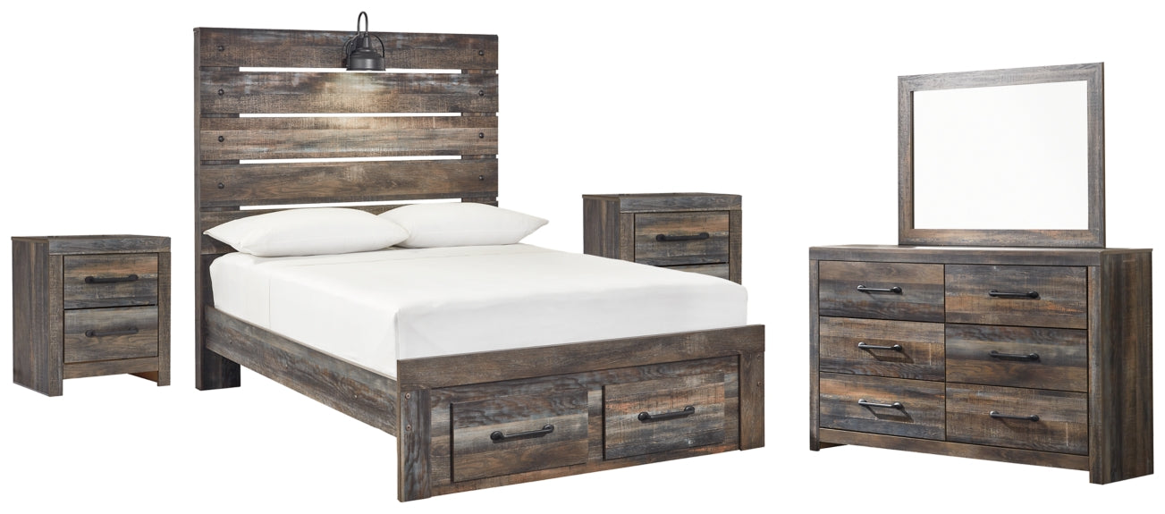 Drystan Queen Panel Bed with 2 Storage Drawers with Mirrored Dresser and 2 Nightstands - PKG003254