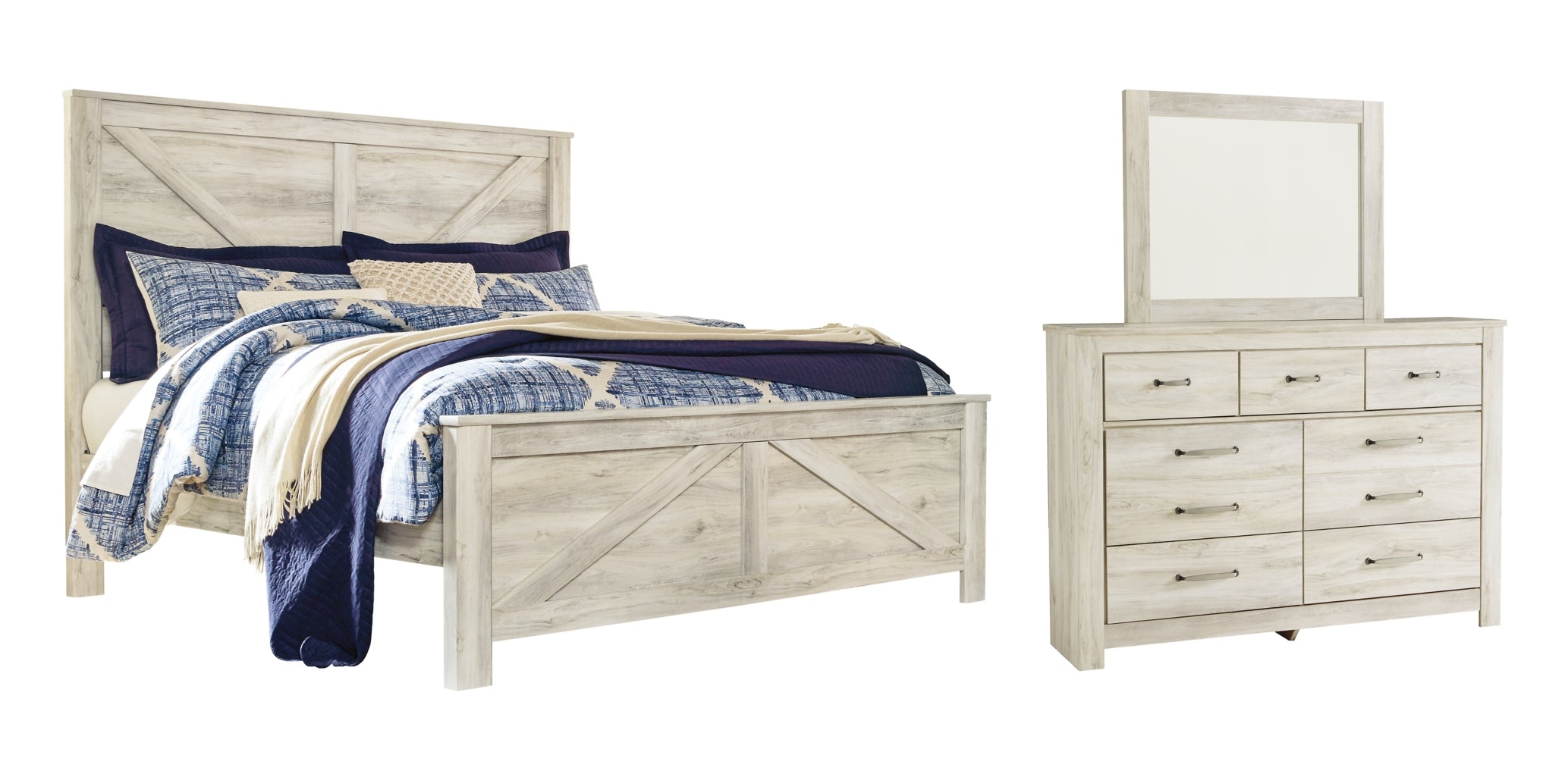 Bellaby Queen Crossbuck Panel Bed with Mirrored Dresser