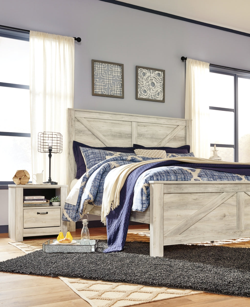 Bellaby King Crossbuck Panel Bed with Mirrored Dresser and 2 Nightstands