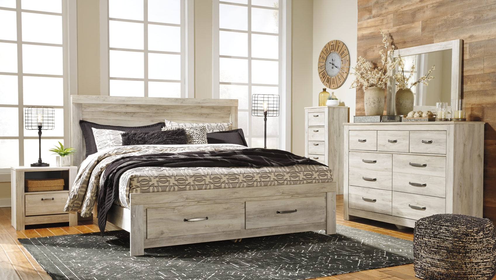 Bellaby Queen Platform Bed with 2 Storage Drawers with Mirrored Dresser, Chest and 2 Nightstands