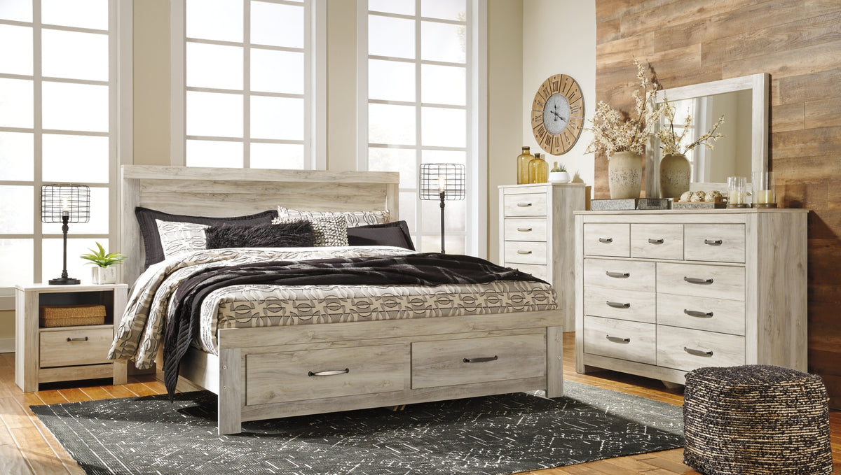 Bellaby Queen Platform Bed with 2 Storage Drawers with Mirrored Dresser, Chest and Nightstand