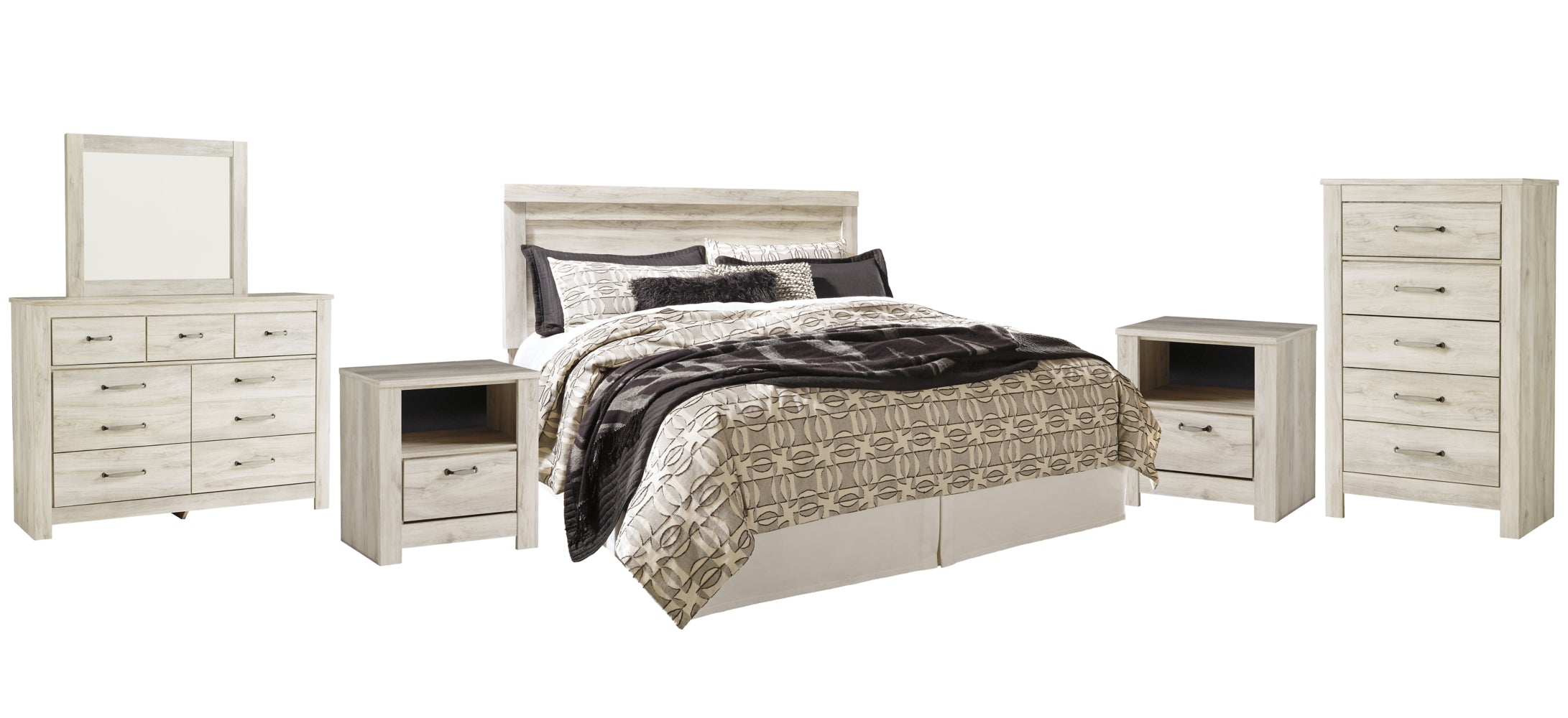 Bellaby Queen Panel Headboard Bed with Mirrored Dresser, Chest and 2 Nightstands
