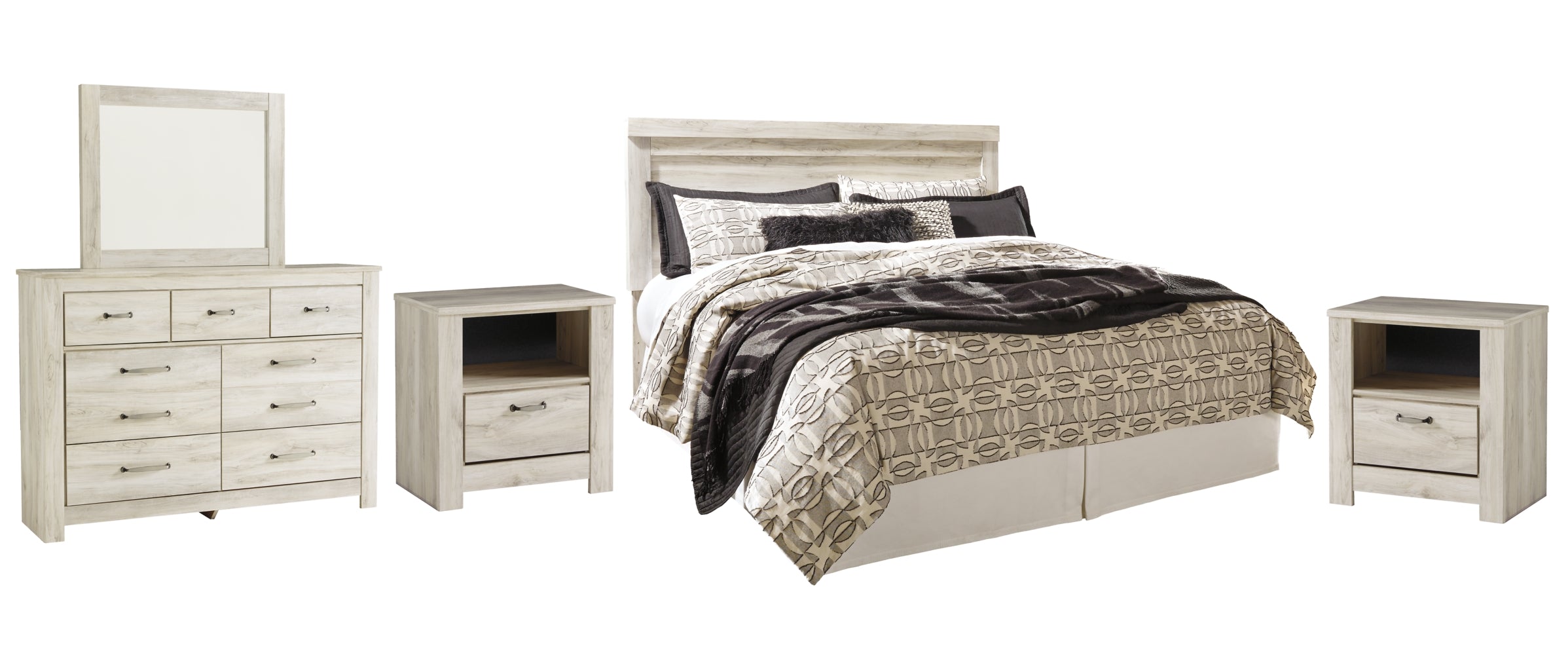Bellaby Queen Panel Headboard Bed with Mirrored Dresser and 2 Nightstands