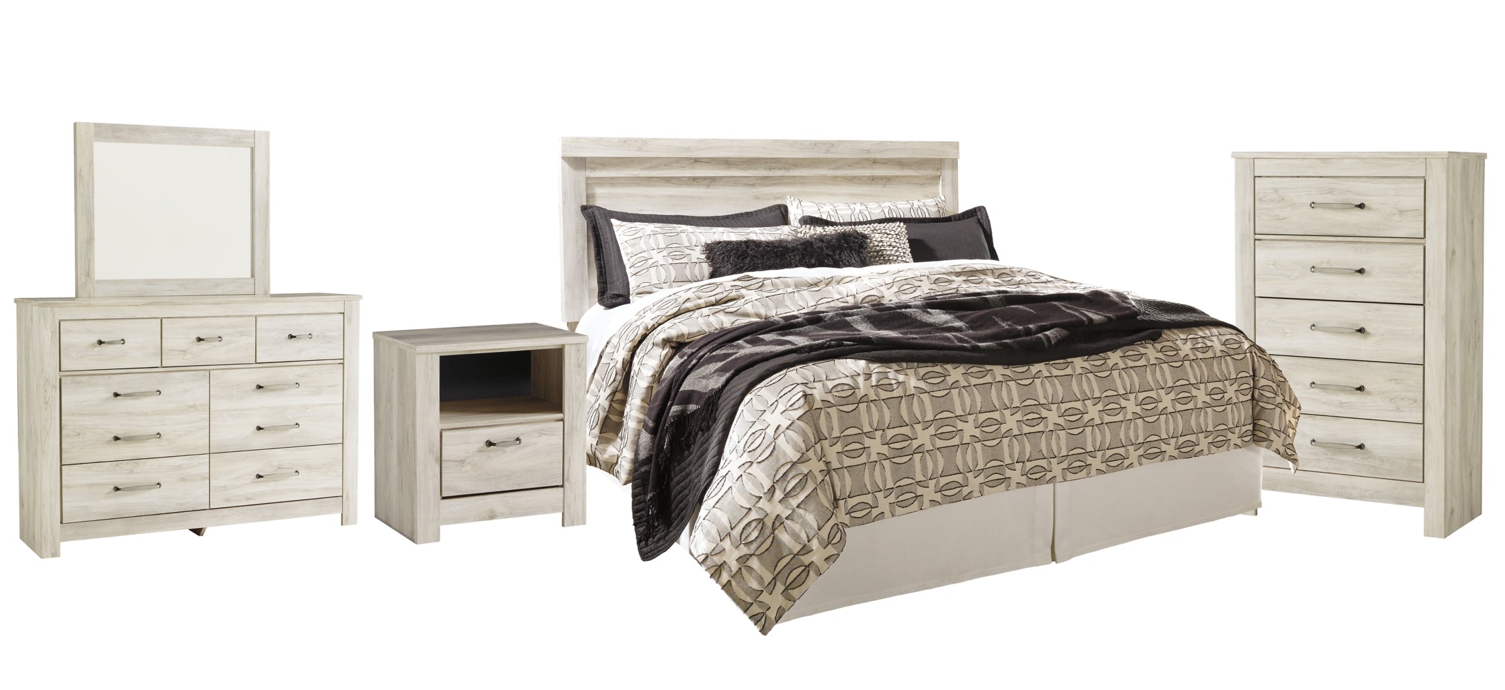 Bellaby Queen Panel Headboard Bed with Mirrored Dresser, Chest and Nightstand