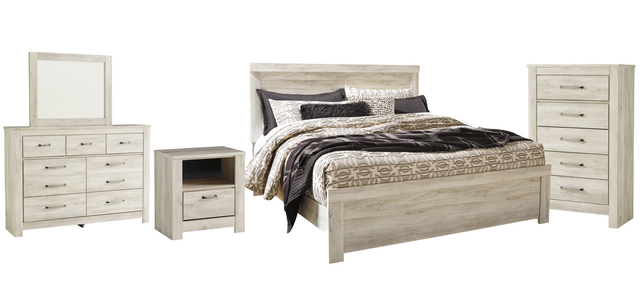 Bellaby Queen Panel Bed with Mirrored Dresser, Chest and Nightstand
