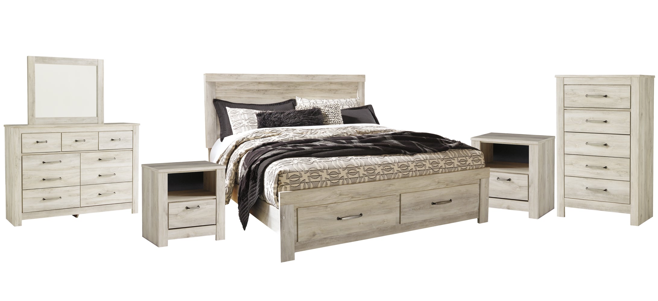 Bellaby Queen Platform Bed with 2 Storage Drawers with Mirrored Dresser, Chest and 2 Nightstands