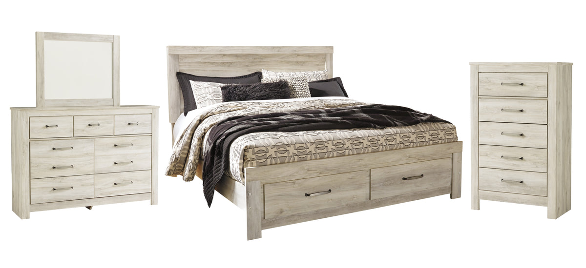 Bellaby Queen Platform Bed with 2 Storage Drawers with Mirrored Dresser and Chest