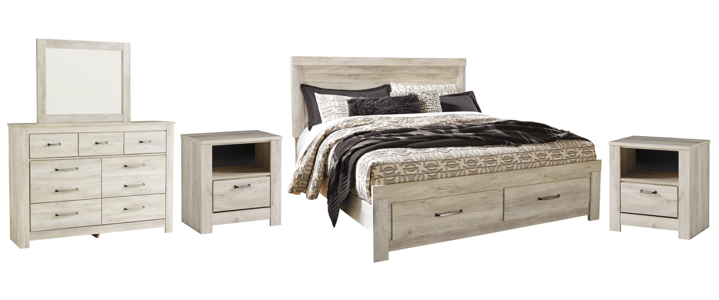 Bellaby Queen Platform Bed with 2 Storage Drawers with Mirrored Dresser and 2 Nightstands