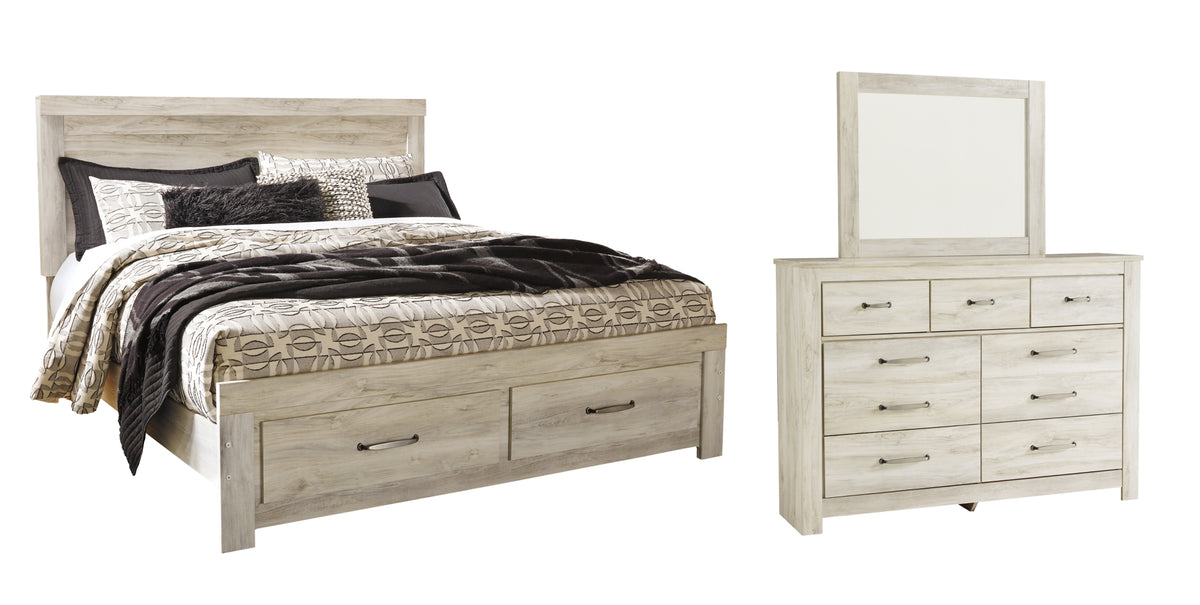 Bellaby Queen Platform Bed with 2 Storage Drawers with Mirrored Dresser