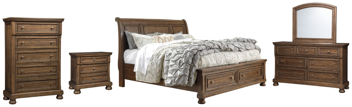 Flynnter Queen Sleigh Bed with 2 Storage Drawers with Mirrored Dresser, Chest and Nightstand