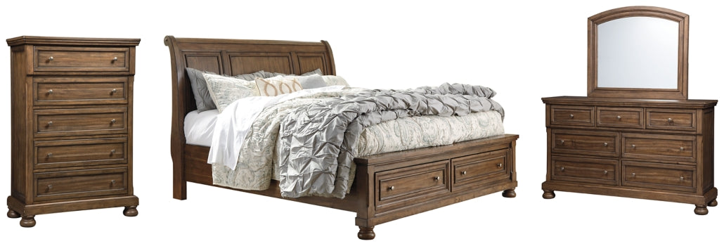 Flynnter Queen Sleigh Bed with 2 Storage Drawers with Mirrored Dresser and Chest
