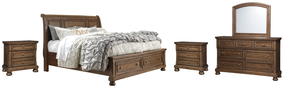Flynnter Queen Sleigh Bed with 2 Storage Drawers with Mirrored Dresser and 2 Nightstands