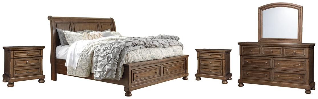 Flynnter Queen Sleigh Bed with 2 Storage Drawers with Mirrored Dresser and 2 Nightstands