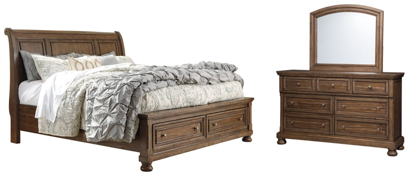 Flynnter Queen Sleigh Bed with 2 Storage Drawers with Mirrored Dresser