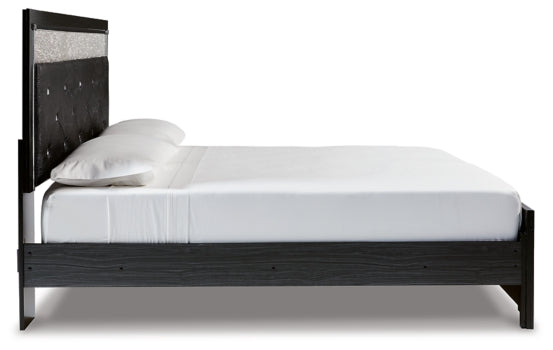 Kaydell King Upholstered Panel Platform Bed with Mirrored Dresser, Chest and Nightstand