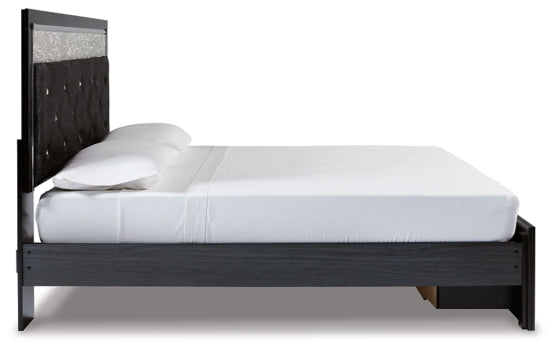 Kaydell King Upholstered Panel Storage Platform Bed with Mirrored Dresser and 2 Nightstands
