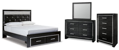 Kaydell Queen Upholstered Panel Storage Platform Bed with Mirrored Dresser and Chest