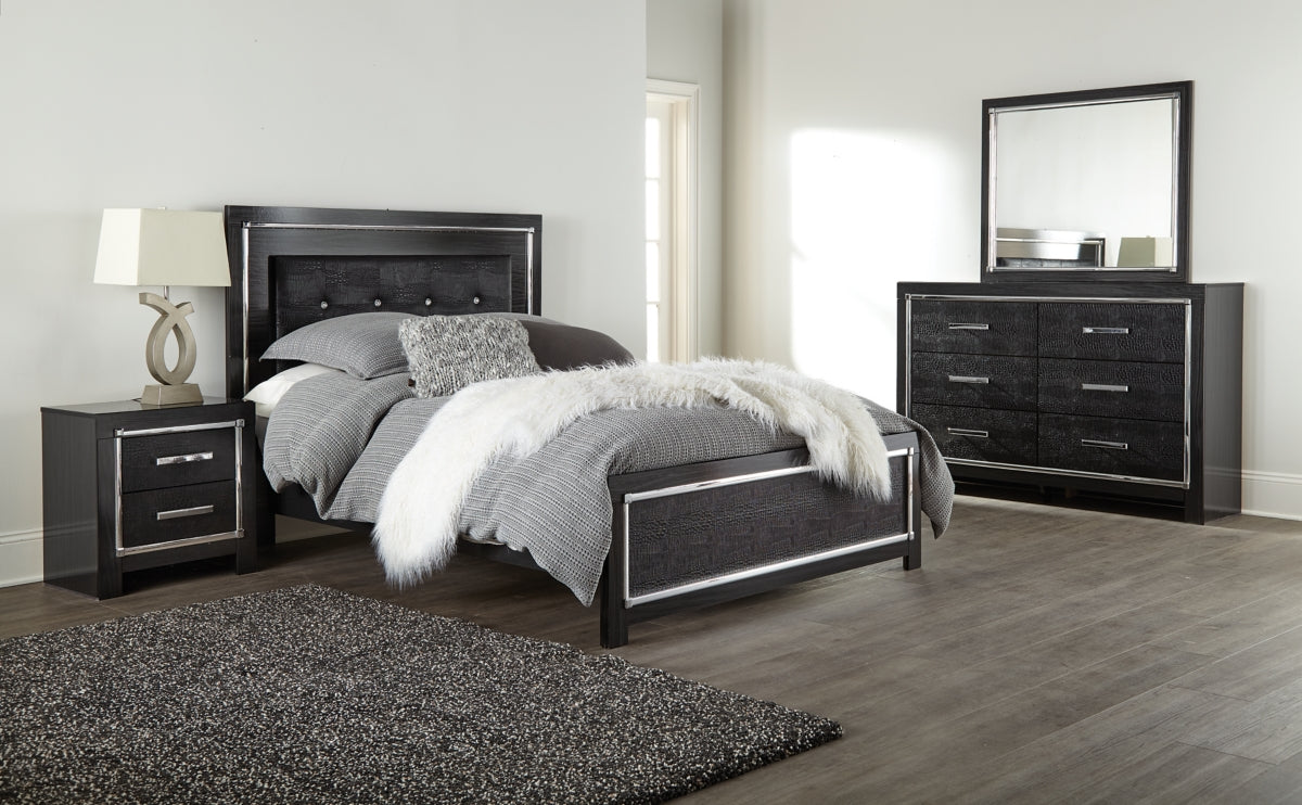 Kaydell Queen Upholstered Panel Bed with Mirrored Dresser - PKG002808