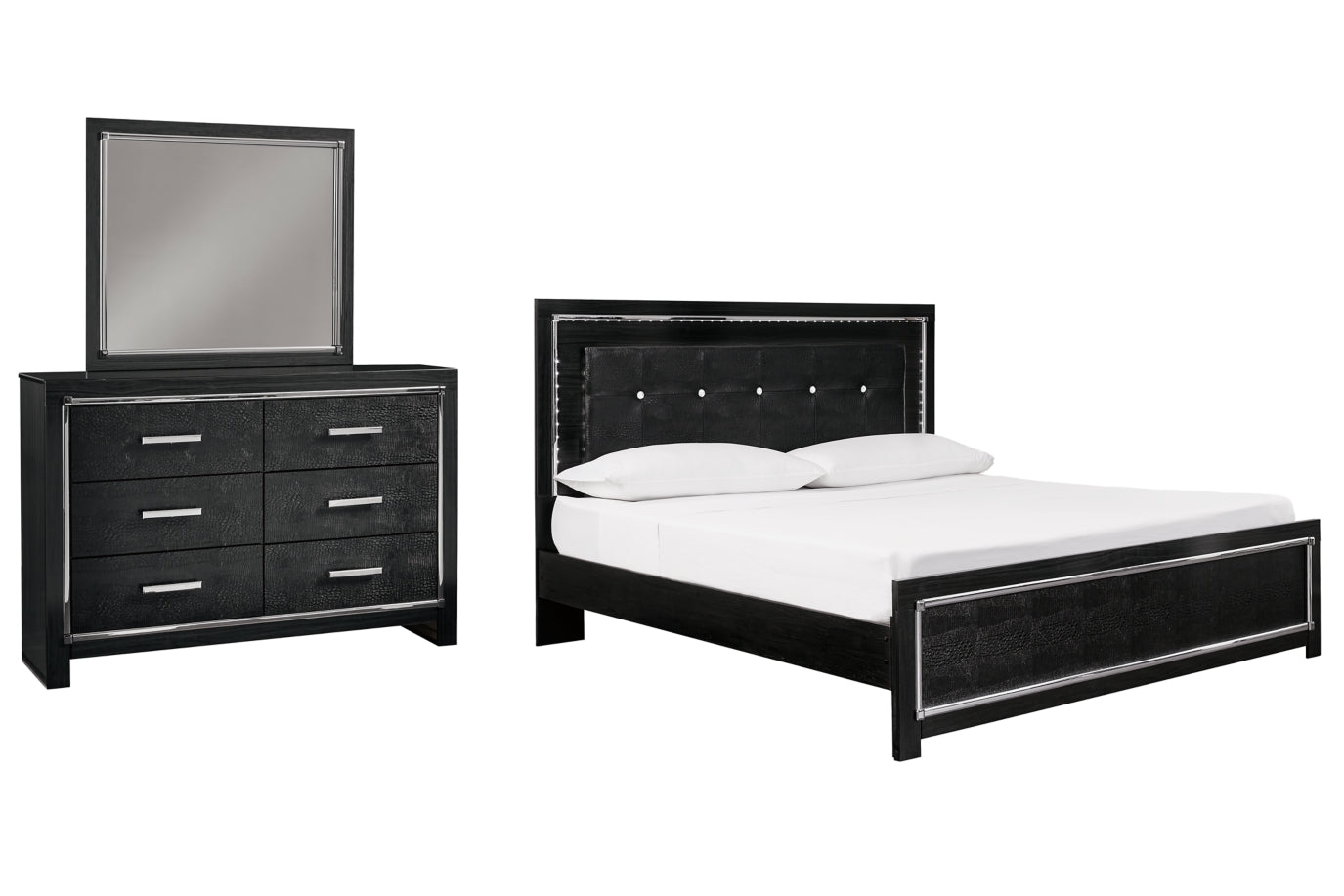 Kaydell King Upholstered Panel Bed with Mirrored Dresser - PKG002811