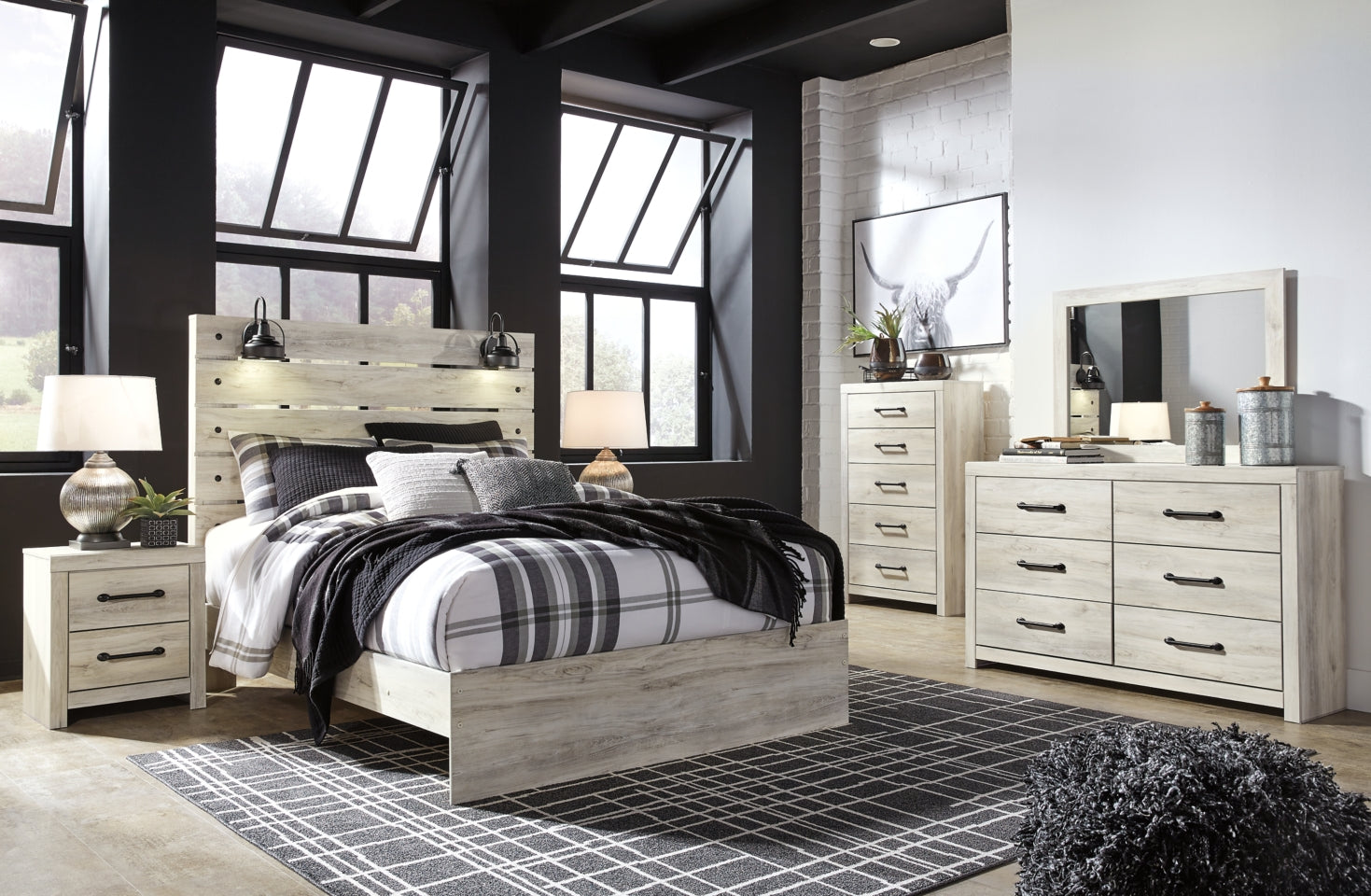 Cambeck King Panel Bed with Mirrored Dresser, Chest and 2 Nightstands
