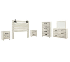 Cambeck Twin Panel Headboard Bed with Mirrored Dresser, Chest and 2 Nightstands