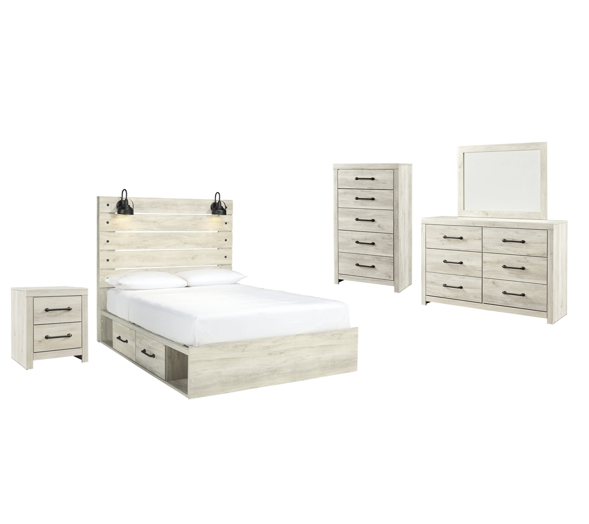 Cambeck Twin Panel Bed with 2 Storage Drawers with Mirrored Dresser, Chest and Nightstand