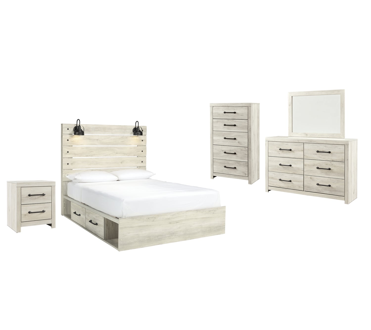 Cambeck Twin Panel Bed with 2 Storage Drawers with Mirrored Dresser, Chest and Nightstand
