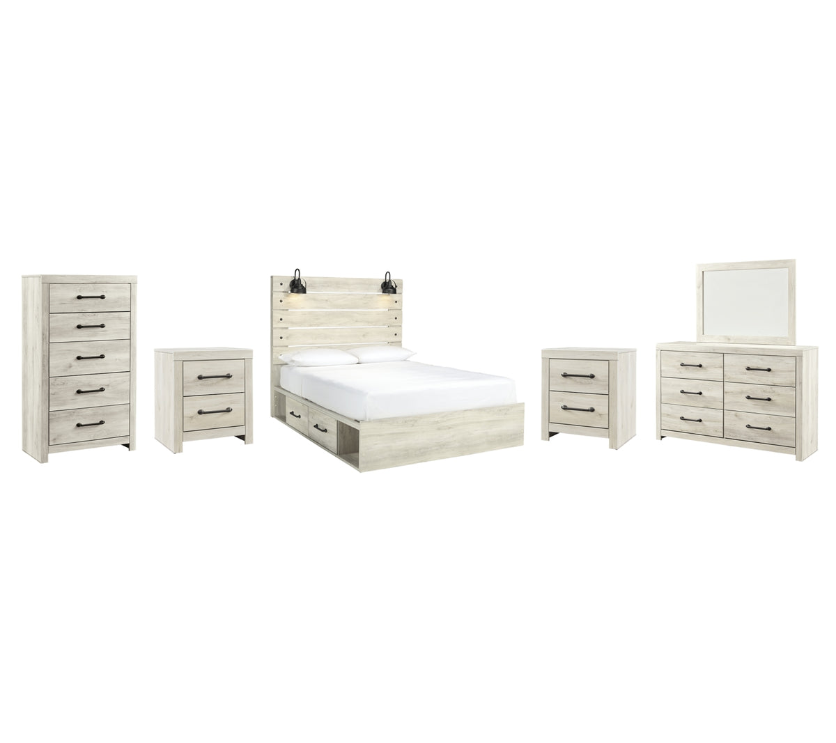 Cambeck Twin Panel Bed with 2 Storage Drawers with Mirrored Dresser, Chest and 2 Nightstands