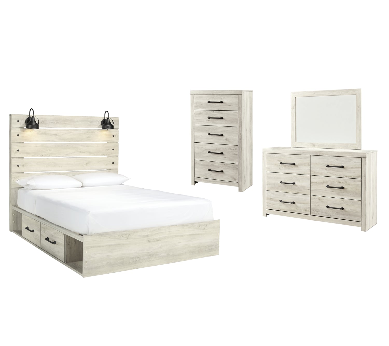 Cambeck Twin Panel Bed with 2 Storage Drawers with Mirrored Dresser and Chest