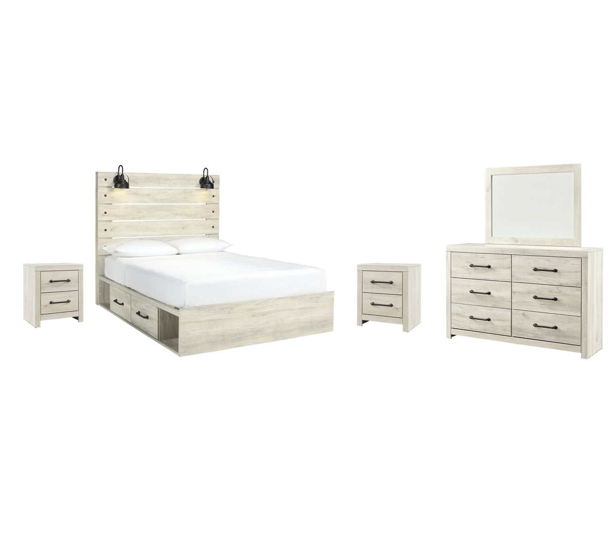 Cambeck Twin Panel Bed with 2 Storage Drawers with Mirrored Dresser and 2 Nightstands