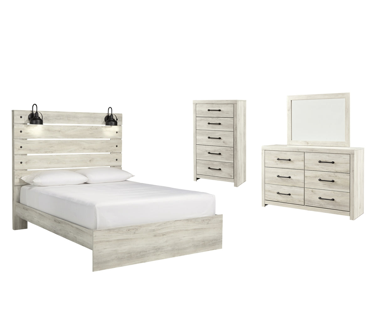 Cambeck King Panel Bed with Mirrored Dresser and Chest