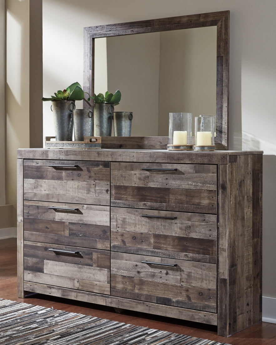 Derekson Queen Panel Bed with 2 Storage Drawers with Mirrored Dresser, Chest and Nightstand - PKG003484