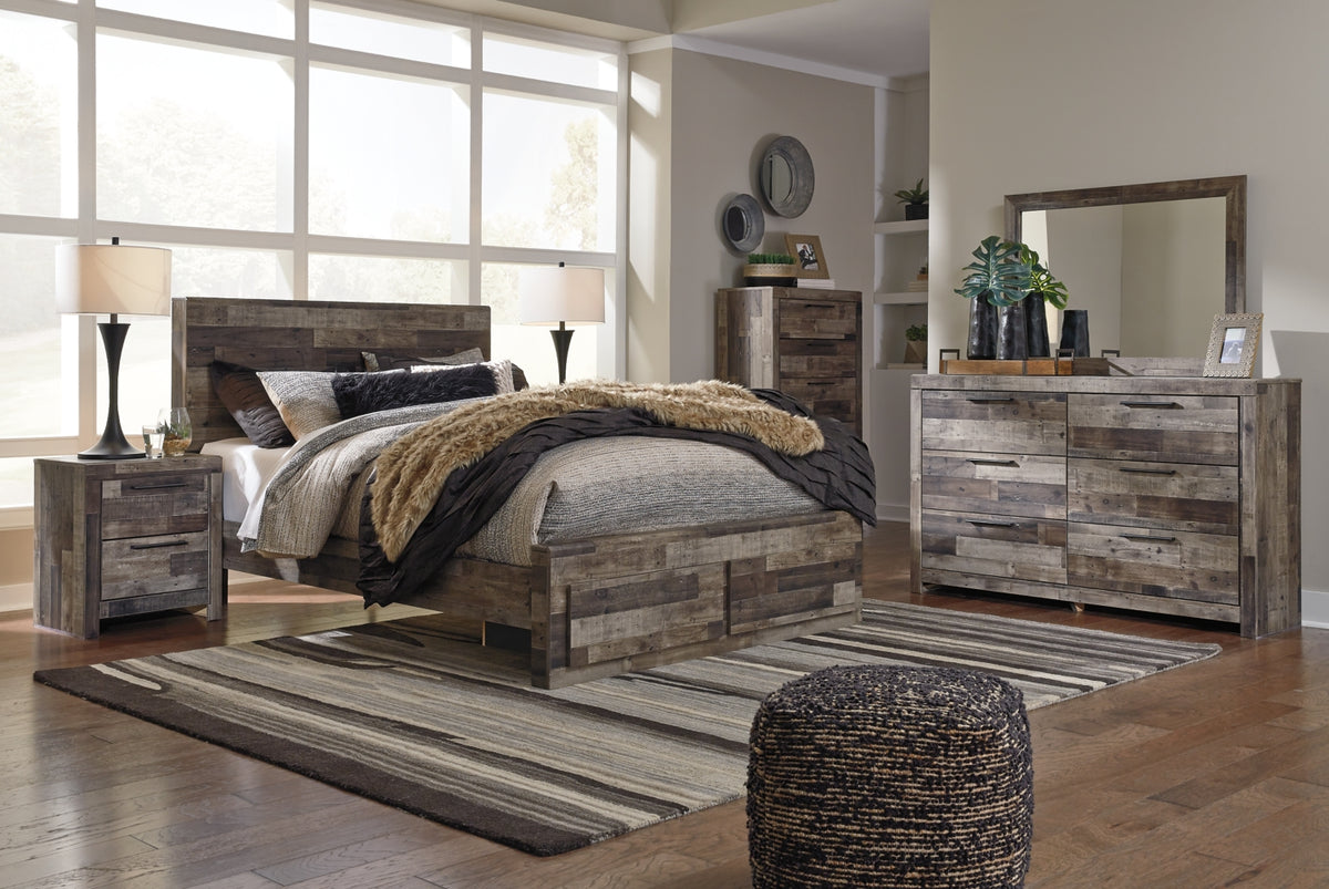 Derekson Queen Panel Bed with 2 Storage Drawers with Mirrored Dresser, Chest and Nightstand - PKG003484