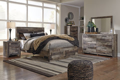 Derekson Queen Panel Bed with 2 Storage Drawers with Mirrored Dresser, Chest and Nightstand - PKG003484