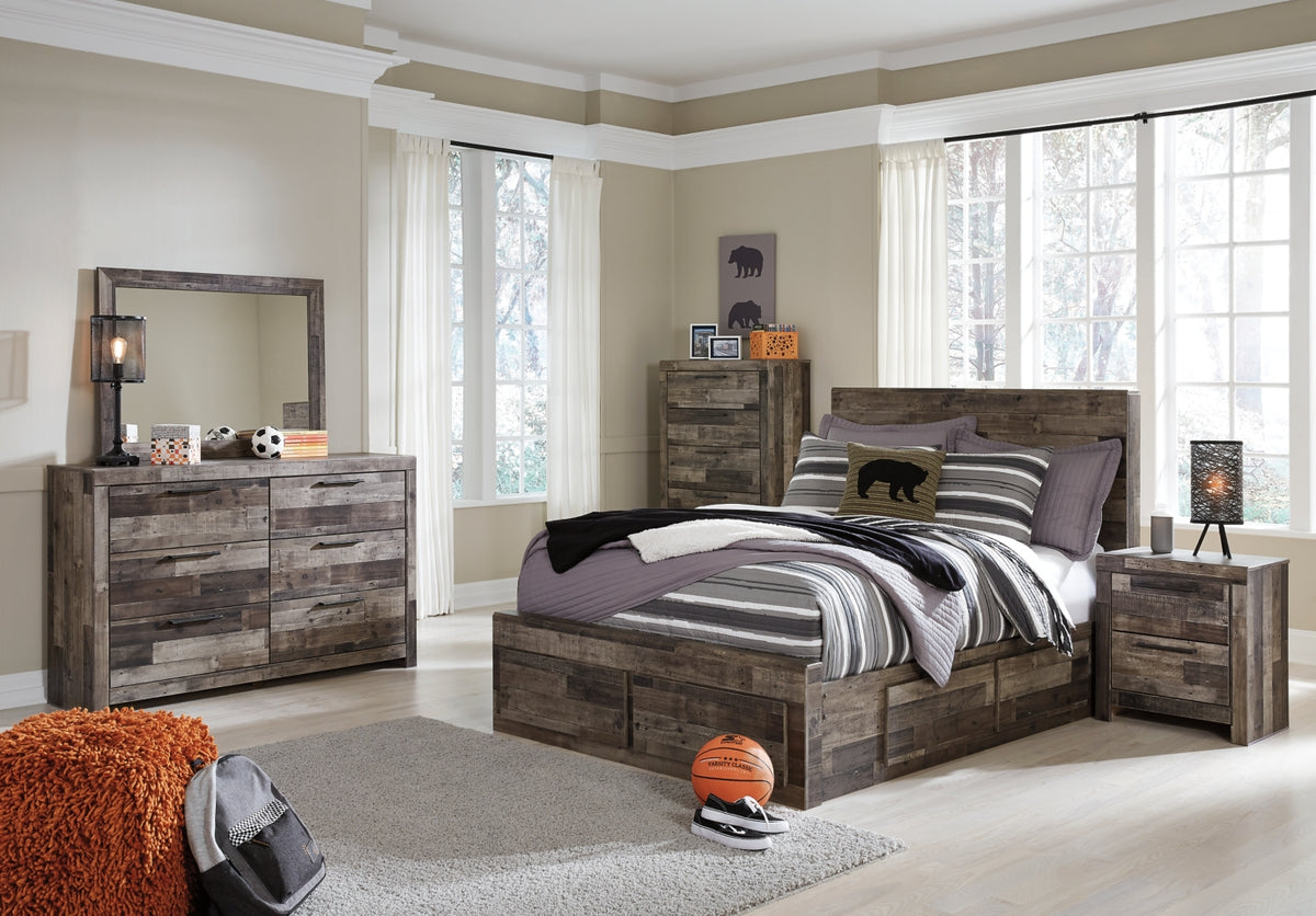 Derekson Full Panel Bed with 6 Storage Drawers with Mirrored Dresser, Chest and Nightstand