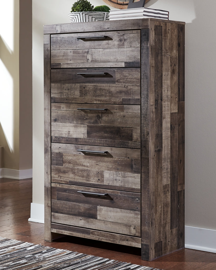 Derekson Queen Panel Bed with 2 Storage Drawers with Mirrored Dresser, Chest and Nightstand - PKG003484