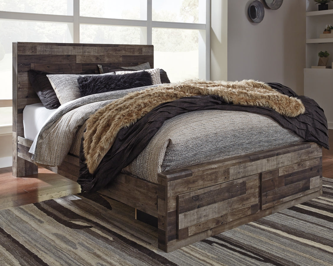 Derekson Queen Panel Bed with 2 Storage Drawers with Mirrored Dresser, Chest and Nightstand - PKG003484
